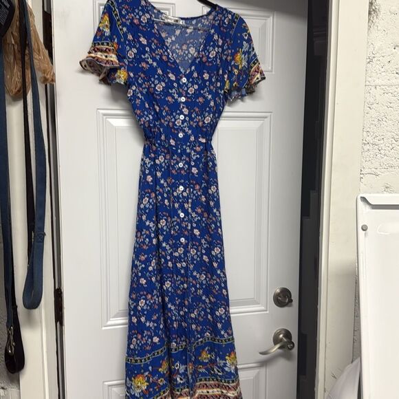 Floral Blue Dress Sinched Waist Drawstring Size Medium - BRAND NEW Summer Dress - Picture 1 of 2